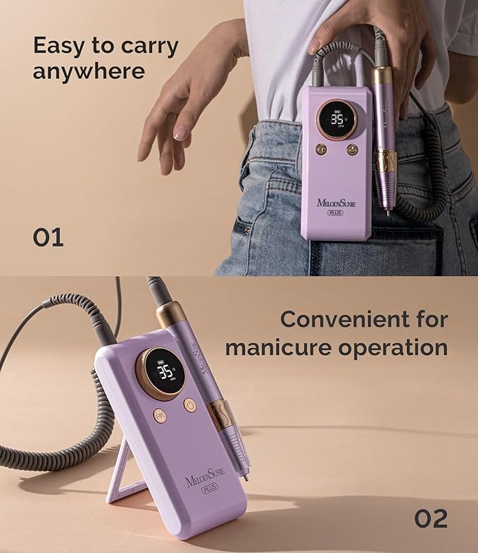 MelodySusie 2 in 1 Professional 35,000 RPM Nail Drill Kit, Coreless Rechargeable SM330G Electric Nail File, Cordless Portable Nail EFile for Acrylic Gel Nail Polish Removal, Lightweight & Quiet Purple