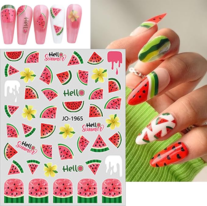 6 Sheets Colorful Fruit Nails Art Stickers Summer Nails Stickers 3D Self Adhesive Fruit Nail Decals Cute Fruits Watermelon Strawberry Cherry Nail Design Nail Art Supplies for Women Nail Decorations