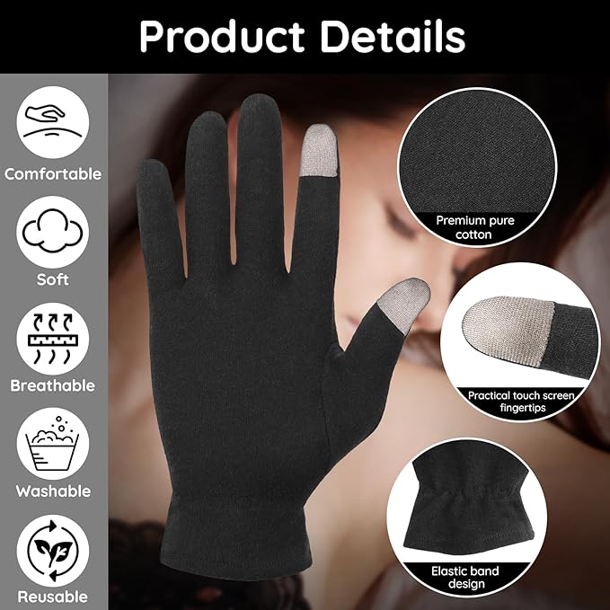 Segbeauty 12 Counts Elastic Touch Screen Hand Moisturizing Cotton Gloves for Dry Hands Sleeping Overnignt, 6 Pairs Black Cotton Gloves with Elastic Band, Reusable Lotion Gel Spa Moisture Sleep Glove