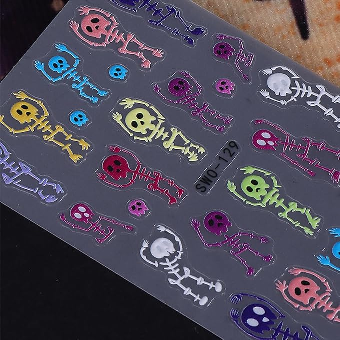 Halloween Nail Art Stickers Decals 5D Embossed Skeleton Nail Stickers 3PCS Rainbow Color Skull Skeleton Halloween Nails Design Adhesive Sticker Manicure Sliders for Women Holiday Nail Art Decorations
