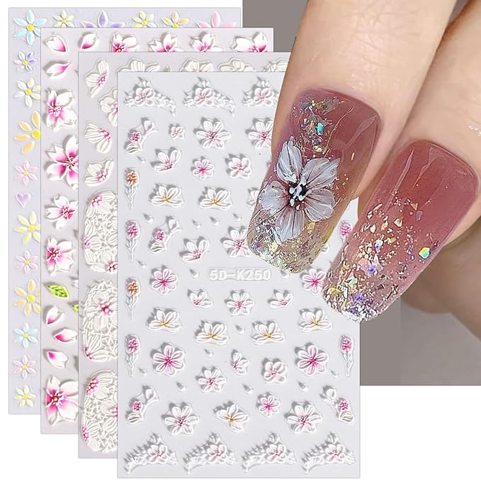 JMEOWIO 3D Embossed Flower Nail Art Stickers Decals Self-Adhesive Pegatinas Uñas 5D Summer Spring Floral Nail Supplies Nail Art Design Decoration Accessories 4 Sheets