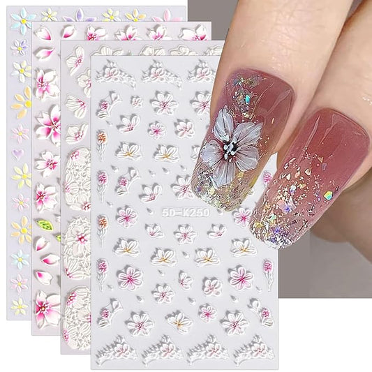 JMEOWIO 3D Embossed Flower Nail Art Stickers Decals Self-Adhesive Pegatinas Uñas 5D Summer Spring Floral Nail Supplies Nail Art Design Decoration Accessories 4 Sheets