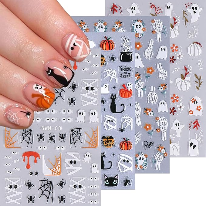 4 Sheet Halloween Nail Stickers 5D Embossed Nail Art Stickers Decals with Spider Web Pumpkin Design Ghost Mummy Nail Stickers for Nail Art Self-Adhesive Nails Supplies for Women Manicure Decor