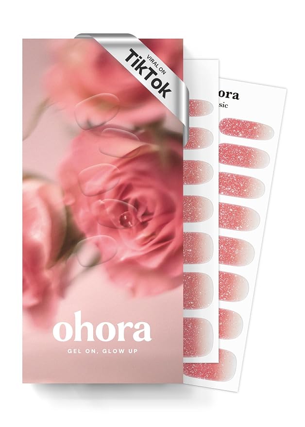 ohora Semi Cured Gel Nail Strips (N Rose Shower) - Pink, Works with Any UV/LED Lamps, Salon-Quality, Long Lasting, Easy to Apply & Remove - Includes 2 Prep Pads, Nail File & Wooden Stick