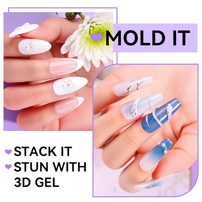 Makartt 3D Gel Nail Art: 4 in 1 White Solid Gel Builder Diy Kit for 15ML Nail Extension Gels, 4pcs Silicone Molds, 1 sculpture Brush, Nails Art Glue for Acrylic Nails Carving Manicure for Home Salon