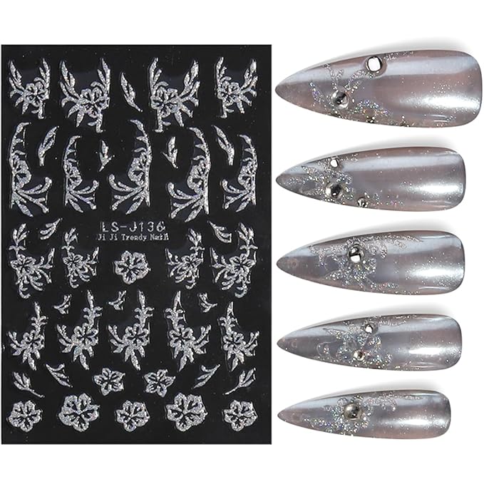 JMEOWIO 8 Sheets Christmas Glitter Nail Art Stickers Decals Self-Adhesive Silver Snowflake Nail Supplies Nail Art Design Decoration Accessories