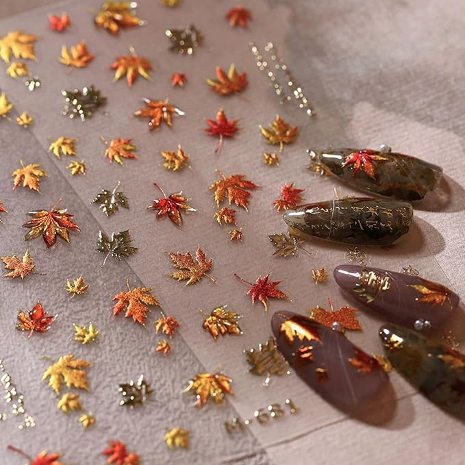 Fall Nail Art Stickers 5D Self-Adhesive Jelly Nail Decals Autumn Leaf Nail Stickers Maple Leaf Nail Art Supplies Cute Fallen Leaves Manicure Slider for Women Thanksgiving Day Acrylic Nails Decoration