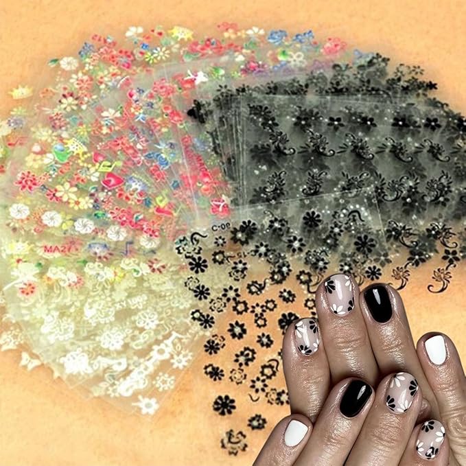 30 Sheets Flower Nail Stickers for Nail Art 3D Self Adhesive Cherry Blossoms Daisy Nail Decals Colorful White Black Designs Summer Flowers Nail Art Stickers for Women DIY Acrylic Manicure Supplies