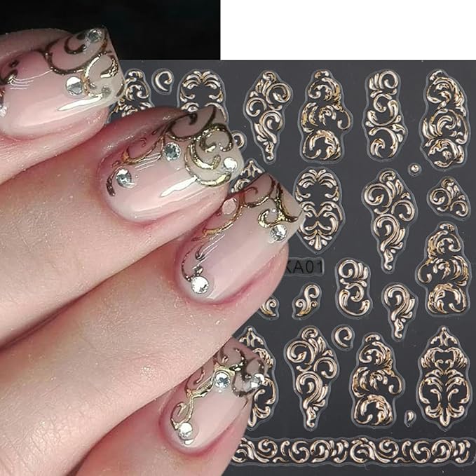 3Sheets Flower Pattern Nail Art Stickers 5D Embossed Gold Silver Flowers Vine Designs Nail Decals Self-Adhesive Rose Gold Floral Texture Nail Sticker Spring Summer Nails Supplies for Women Nails Decor