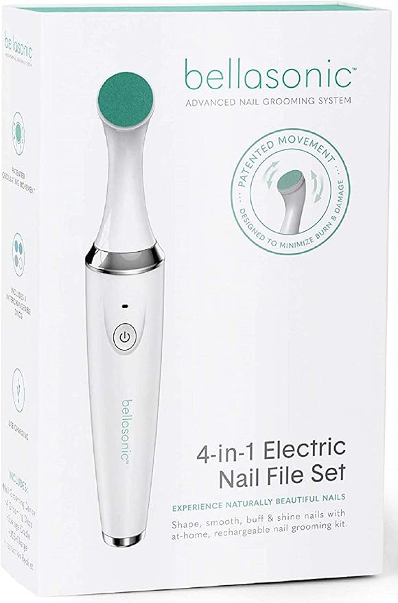 BELLASONIC 4-in-1 Rechargeable Electric Nail File Set with Unique Oscillating Head – Shape, Smooth, Buff & Shine Nails – Remove Cuticles & Calluses – Salon Quality Manicure Pedicure Results