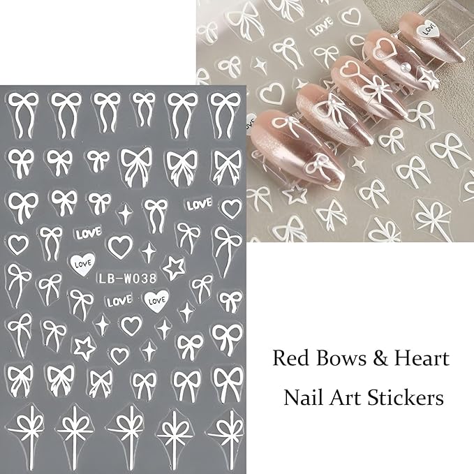 Bows Nail Art Stickers Heart Nail Decals Pink White Red Nail Stickers Bow Tie with Design Nail Decals for Nails Art Valentine's Day Manicure DIY for Women Girls Acrylic Nails Supplies