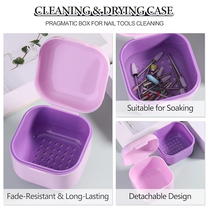 1Pc Plastic Nail Tool Sterilizer Box Nail Drill Bits Cleaning Box Polishing Tools Soaking Tray Manicure Pedicure Storage Container Case - Purple (Purple, 3.15“x3.15“x2.75“)