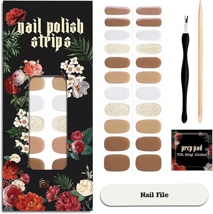 Nail Polish Strips - 22 Pcs Salon Quality Gel Nail Stickers - Long Lasting Wraps (Creamy Mushroom Brown)
