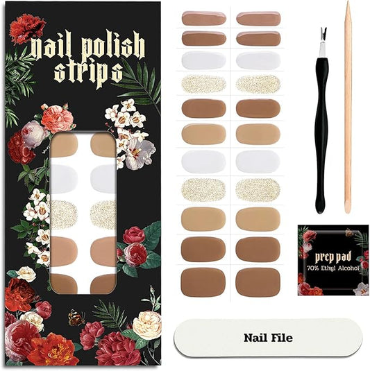 Nail Polish Strips - 22 Pcs Salon Quality Gel Nail Stickers - Long Lasting Wraps (Creamy Mushroom Brown)