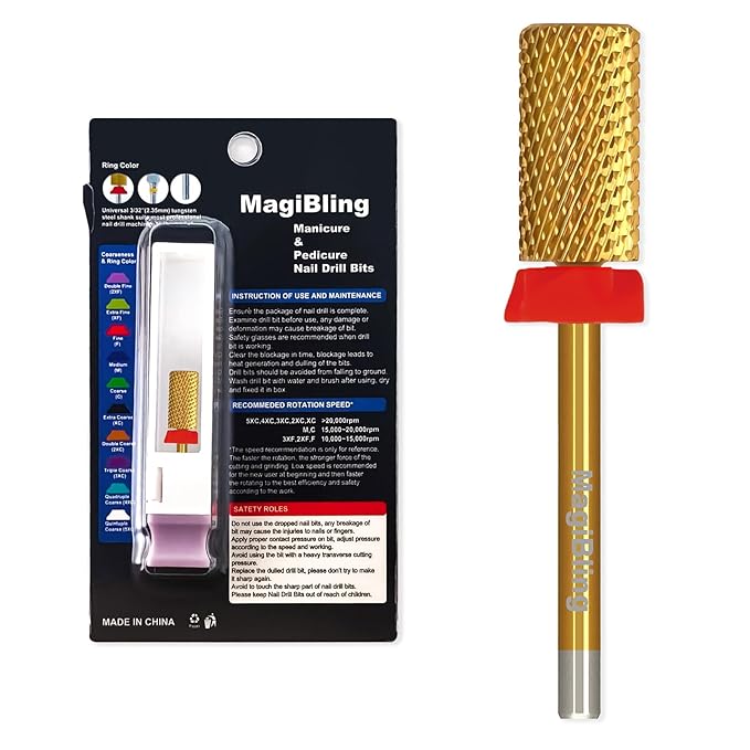 Super Cut Large Barrel Nail Drill Bits, 3/32'' Professional Tungsten Carbide Bits, Remove Hard and Soft Gel Fast, Right Hand Use, Manicure Pedicure Cuticle Gel Polishing, Gold Color, Fine.