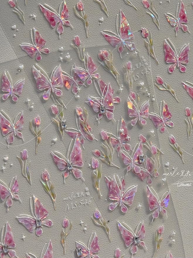 Tulips Butterfly Nail Stickers 5D Embossed – Premium Salon-Quality Nail Charm Accessories, Easy Application & Self-Adhesive for DIY Manicure, Tulip Butterflies Nail Art, Press on, Home or Salon Use