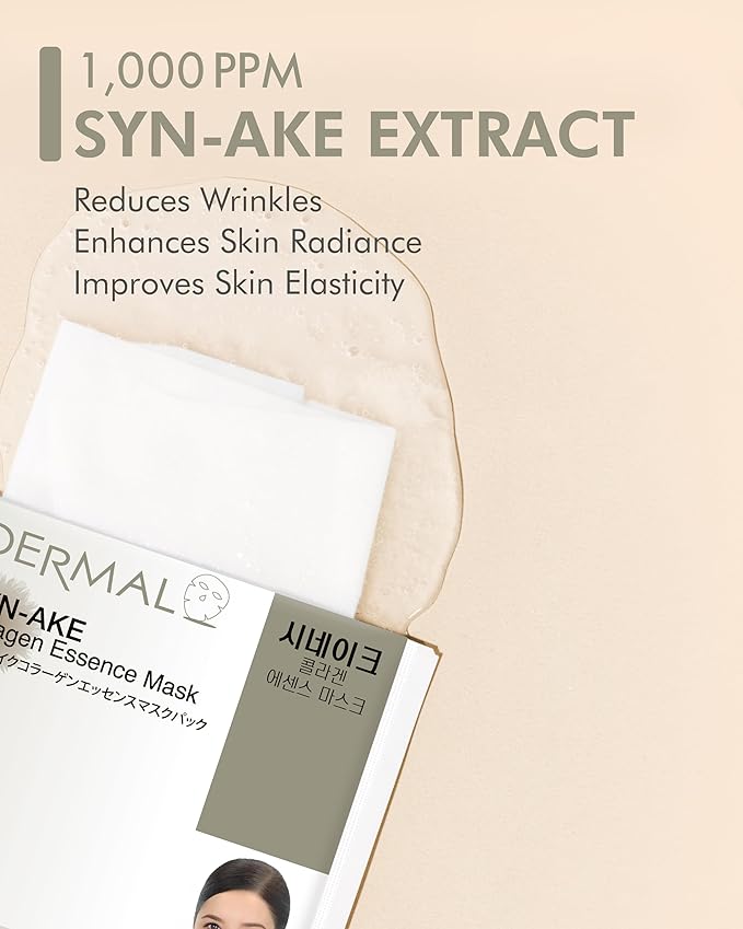 DERMAL Syn-Ake Collagen Essence Facial Mask Sheet 23g Pack of 10 - Peptide Contained, Anti Aging & Anti Wrinkle, Daily Skin Treatment Solution Sheet Mask