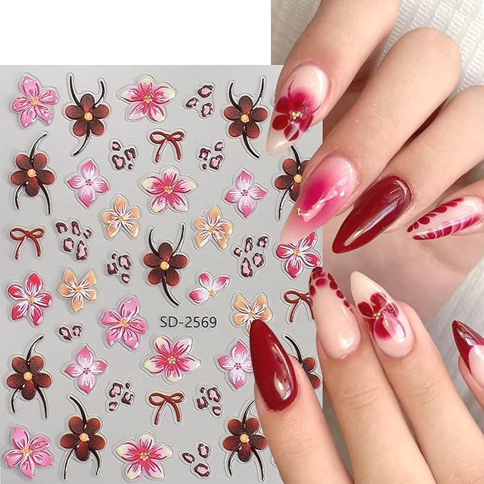 6Sheets Leopard Print Nail Art Stickers 5D Embossed Colorful Lily Flower Nail Decals Self-Adhesive Leopard Print French Tip Nail Sticker Cute Floral Decal for Women Manicure Decoration Accessories