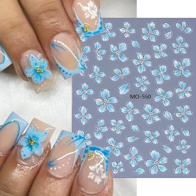 4Pcs Flower Nail Art Stickers 5D Embossed Blue White Purple Green Flower Nail Decals Holographic Spring Floral Nail Stickers Self Adhesive Summer Cute Nail Supplies Decor for Women DIY Acrylic Nails