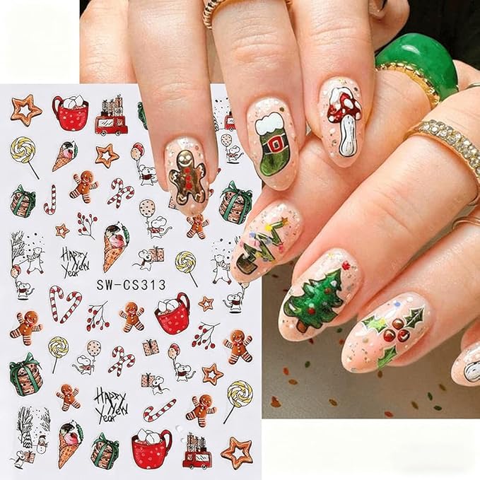 6Pcs Christmas Nail Stickers Gift Box Lollipop Christmas Berry Nail Decals DIY Self Adhesive Santa Claus Socks Cute Design Nail Decoration Supplies Holiday Manicure Accessories for Women Girls