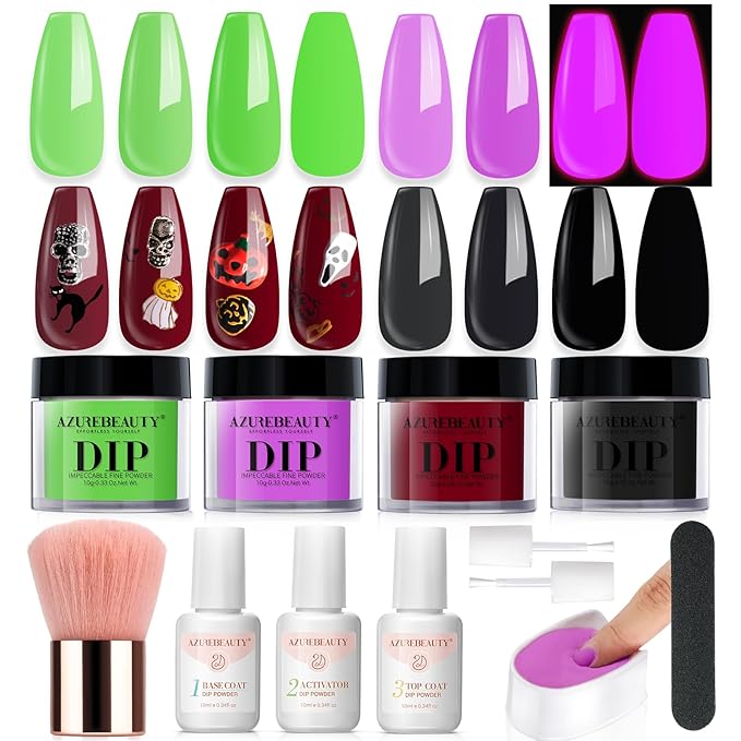 AZUREBEAUTY Halloween Dip Powder Nail Kit Starter Black Green Noctilucent Purple Red add 3D Nails Accessory Acrylic Dip Powder Liquid Set with Base/Top Coat Activator for Manicure Gift Box