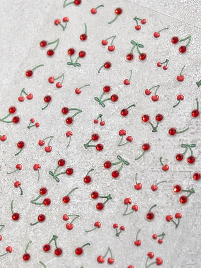 SoftSoul Cherry Nail Stickers, 5D Embossed Rhinestones - Premium Salon-Quality, Easy Application, Self-Adhesive French Tip Red Cherries for DIY Manicure Nail Art