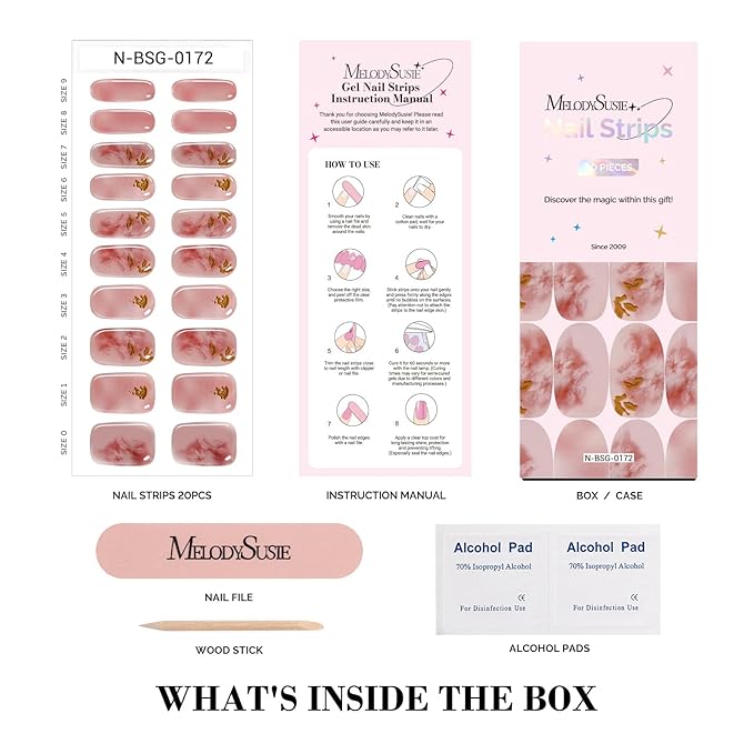 MelodySusie Semi Cured Gel Nail Strips (Pink Jelly Shading), Works with Nail lamp, Salon Quality, Long Lasting, Easy to Apply and Remove, Includes 20Pcs, 2 Prep Pads, Nail File and Wooden Stick