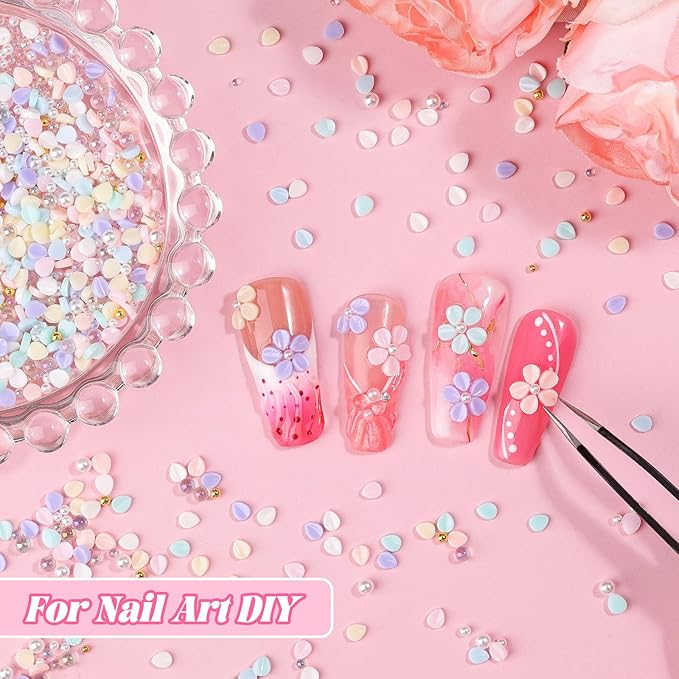 500Pcs Flower Nail Charms Kit, 400Pcs 3D Colorful Flowers Petals and 100Pcs Round Pearls with Nail Beads, Cherry Blossom Petal Tiny Gems Mixed Rhinestone for Nails DIY