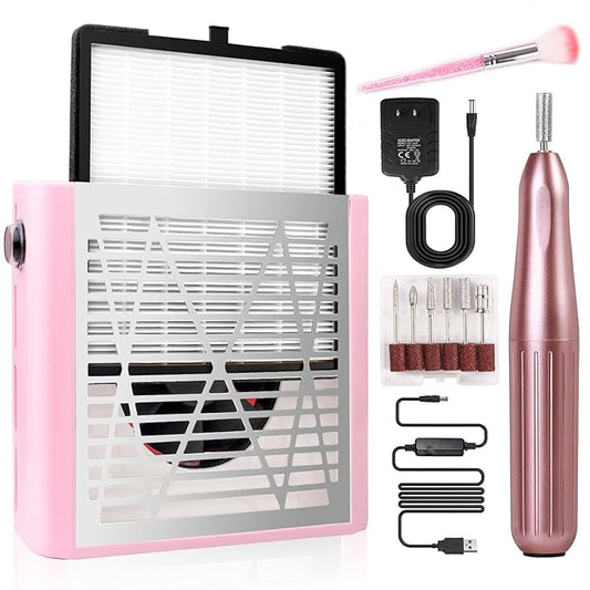 Acrylic nail kit with dust collector for nail tech - Pink nail dust collector & Drill with Reusable Filter and Brush (Pink)