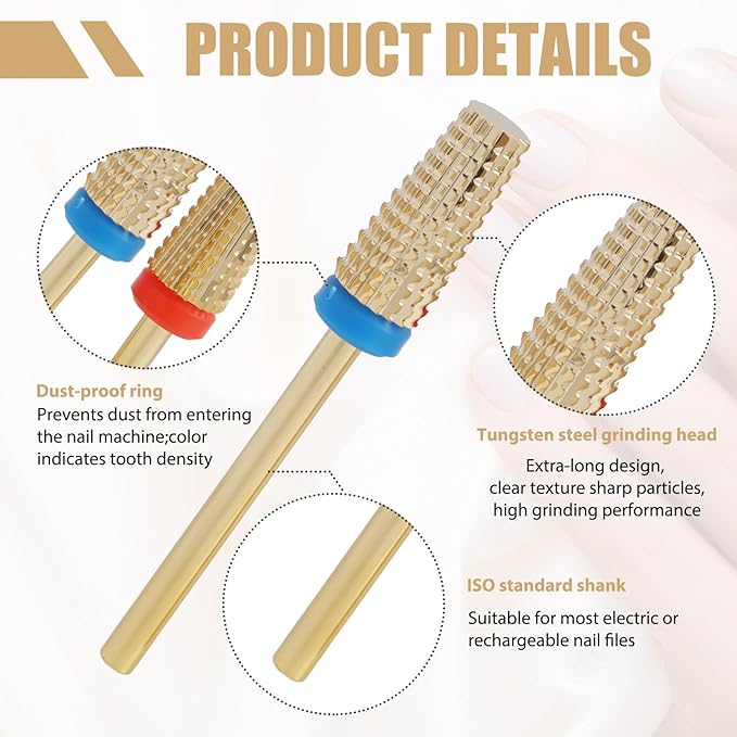 2 Pcs 3/32" 5 in 1 Professional Carbide Nail Drill Bits Sets with Case, 2 Pack Tungsten Safety Drill Bits Tech Cuticle Bit Fast Remove for Manicurist Nail Salon Manicure Pedicure Gel Polishing (Gold)