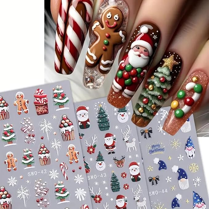 2Pcs Christmas Nail Stickers Snowflake Decals for Nail Art Red Bow Nail Design 5D Embossed Christmas Gift Nails Art Supplies Fawn Pine Tree Nails Accessories for Women DIY Manicure Art Decoration