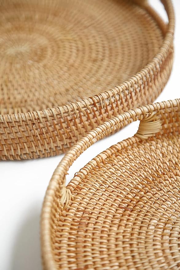HITOMEN 14.2" Hand-Woven Round Rattan Serving Tray Decorative Ottoman Wicker - Image 5