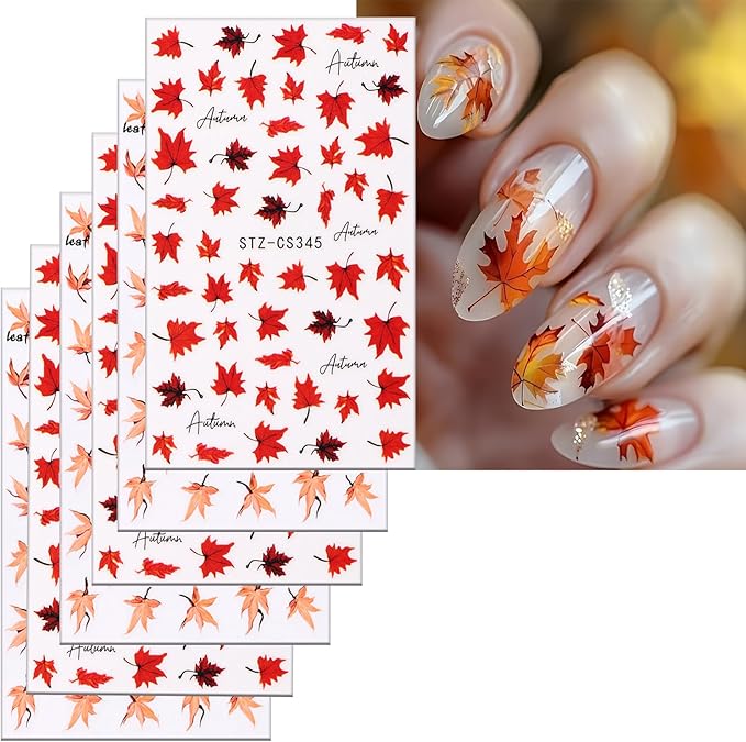 6 Sheets Thanksgiving Day Nail Art Stickers 3D Self -Adhesive Fall Red Maple Leaf Nail Decals Holographic Autumn Maple Leaf Letter Nail Stickers Festival Nail Decoration for Women Manicure Supplies