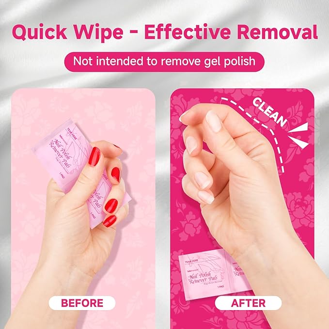 Nail Polish Remover Pads 100 Pack Gel Nail Polish Remover Wipes - Individually Wrapped - Quick Nail Polish Remover Wipes - Fingernail Travel Kit to Clear Nail Polish for Home & Professional Removal