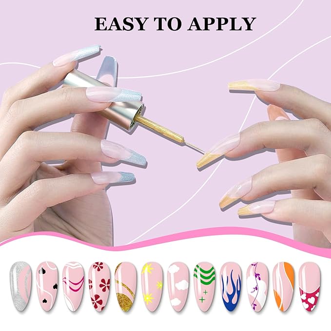 Nail Art Gel Liner Set, 12 Colors Black White Hot Pink Yellow Green Glitter Fall Winter Gel Polish for Swirl French Tip Painting Designs Soak Off Built Thin Brush DIY Nail Design Kit