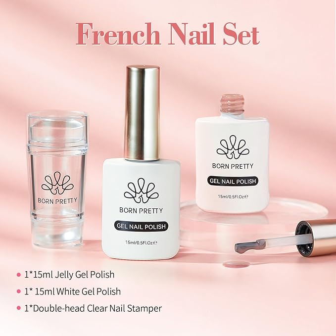 Born Pretty French Manicure Kit, Nail Stamper and 2Pcs Gel Nail Polish, Include Jelly Nude White Colors for French Tip DIY Salon, U V Light Cure