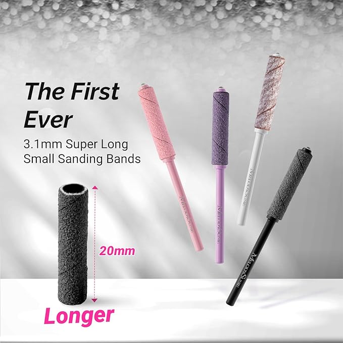 MelodySusie 50 Pcs Nail Drill Bits Super Long Small Sanding Bands with 3.1mm Crystal Mandrel Bit, 180 Fine Grit Nail File for Acrylic Nails Gel Manicures and Pedicure, Black