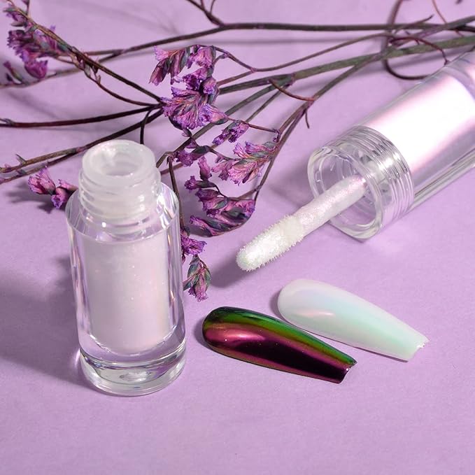 Chrome Nail Powder Aurora Mirror Effect Mermaid Pearl Glitter Iridescent Chrome Nail Polish Gel Nail Polish for Nail Art Manicure DIY Decoration(Purple Iridescent)