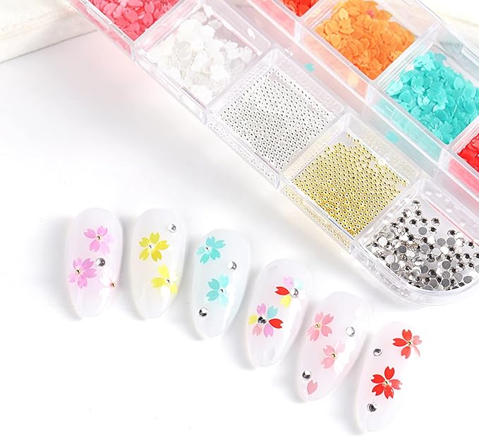 Cherry Petals Glitter, Mixed Flower Beads Rhinestone Decoration Floral Acrylic Nails Designs for Women and Girls Manicure