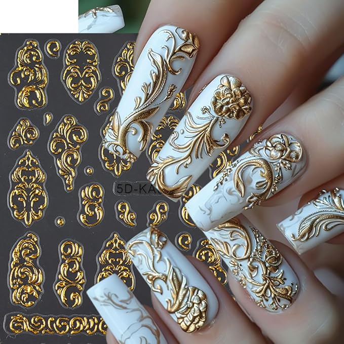 5D Gold Nail Stickers Embossed Bronzing Butterfly Flower Nails Decals Self Adhesive Retro Totem Floral Nails Design Sticker Fall Nail Art Stickers Decor for Women Acrylic Manicure Accessories 2Pcs