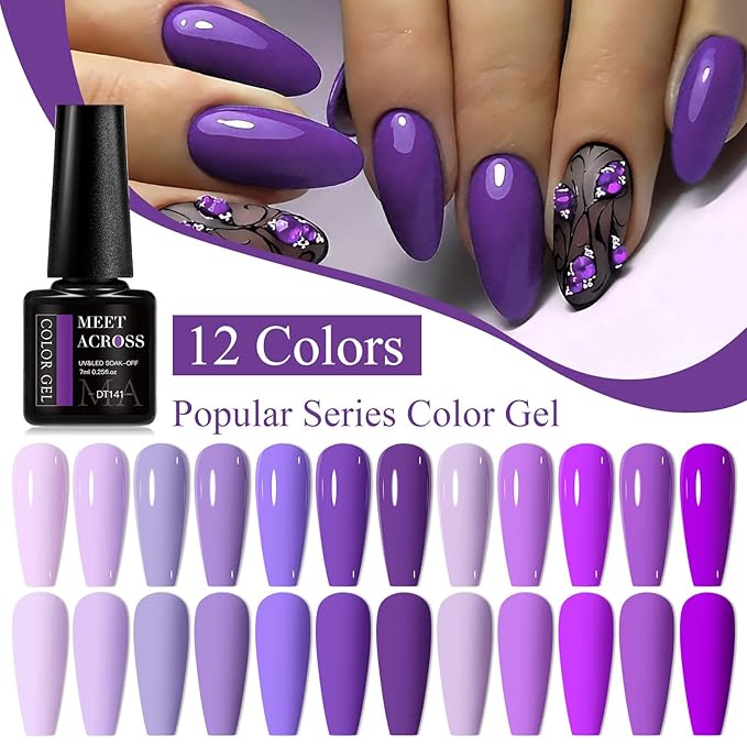 MEET ACROSS 12PCS Gel Nail Polish Set, 12 Colors Gel Nail Kit Art Design Soak Off UV LED,Nail Art Design Gifts for Women (SET-6, 12PCS)