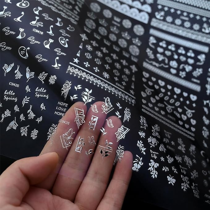 30 Sheets Star Moon Nail Stickers Cute Little Cat Nail Art Stickers 3D Silver Heart Nail Decals Self-Adhesive Retro Nail Supplies Line Flower Leaf Nail Art Design Manicure for Women DIY Acrylic Nails