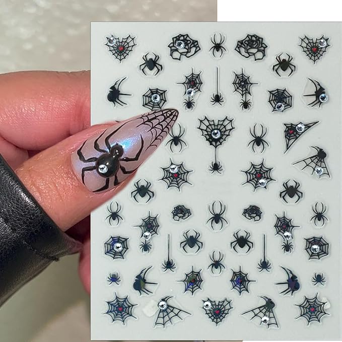 2 Sheets Halloween 5D Embossed Nail Stickers for Nail Art Red Black Spider Web Nail Decals Self-Adhesive Spider with Glitter Rhinestones Nail Design Decals Goth Halloween Nails Supply for Women DIY