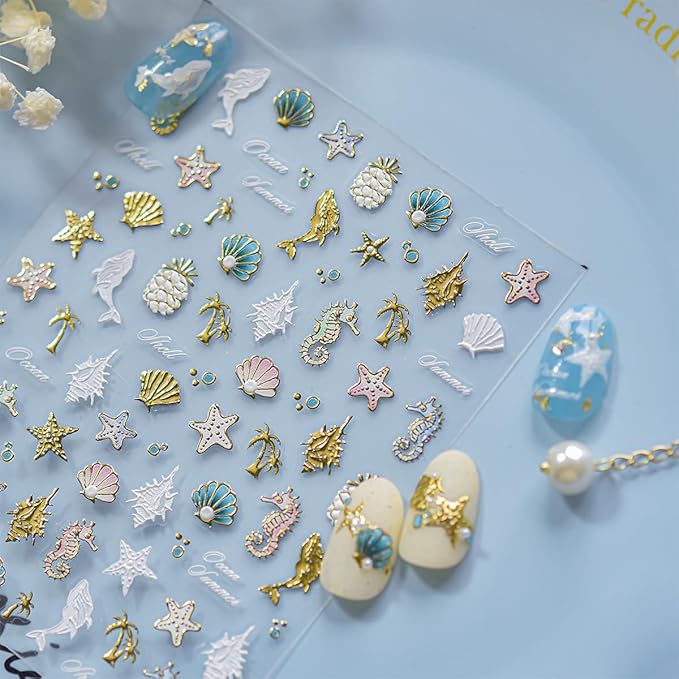 5D Embossed Seashell Nail Art Sticker with Pearl Shell Design Summer Nail Stickers Ocean Starfish Dolphin Seahorse Nail Decals Gold Conch Coconut Tree Stickers for Women Nails Supplies Decor 1Pcs
