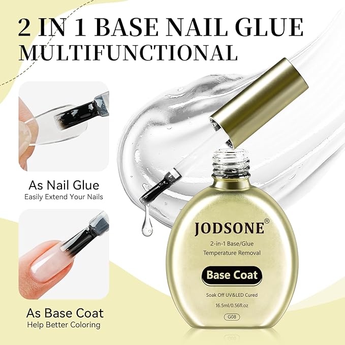 JODSONE 2-in-1 Base Coat – 16.5ml No Wipe, Warmly Removable Foundation for Gel Nail Polish & Tips. U V/LED Cured, Long-Lasting, DIY Use