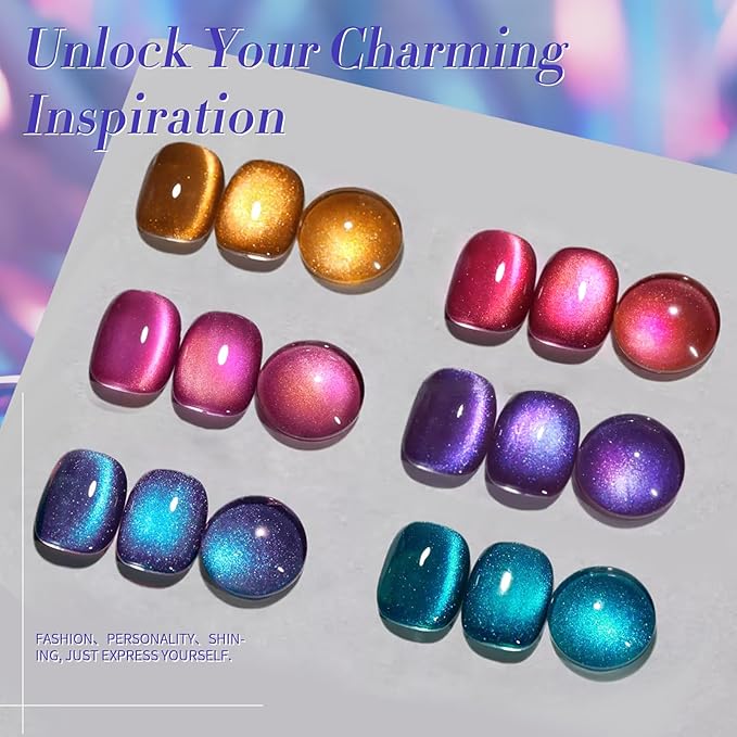 Born Pretty Cat Magnetic Eye Gel Nail Polish Glitter Auroras Magnetic Gel Polish Colorful Holographic Cat Magnetic Eye Nail Art Manicure DIY at Home 6PCS
