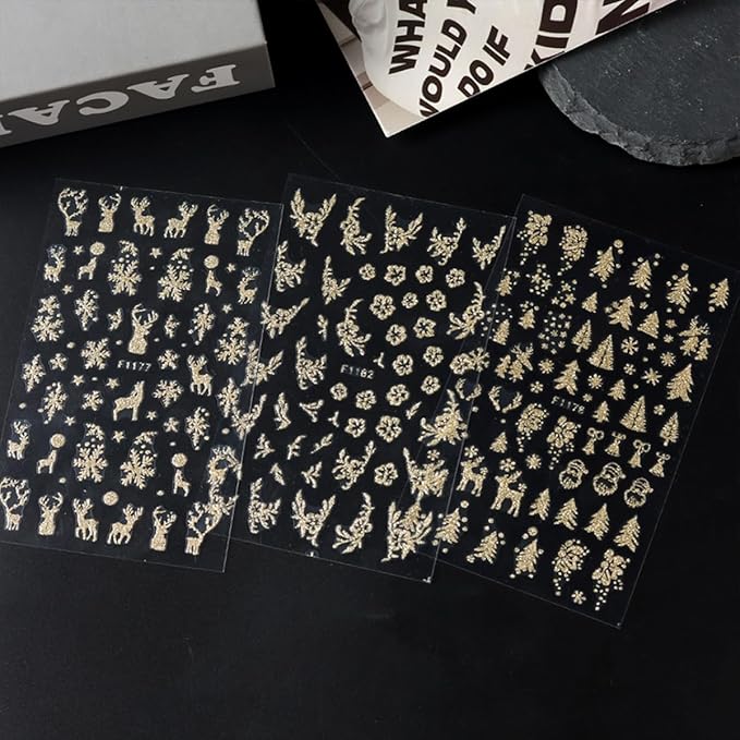 Christmas Nail Art Stickers Decals Gold Glitter Snowflake Snowy Tree Nail Decals 6PCS Snowflakes Deer Snowman Bell Leaf Christmas Nails Design Adhesive Stickers Manicure Nail Art Supplies for Women