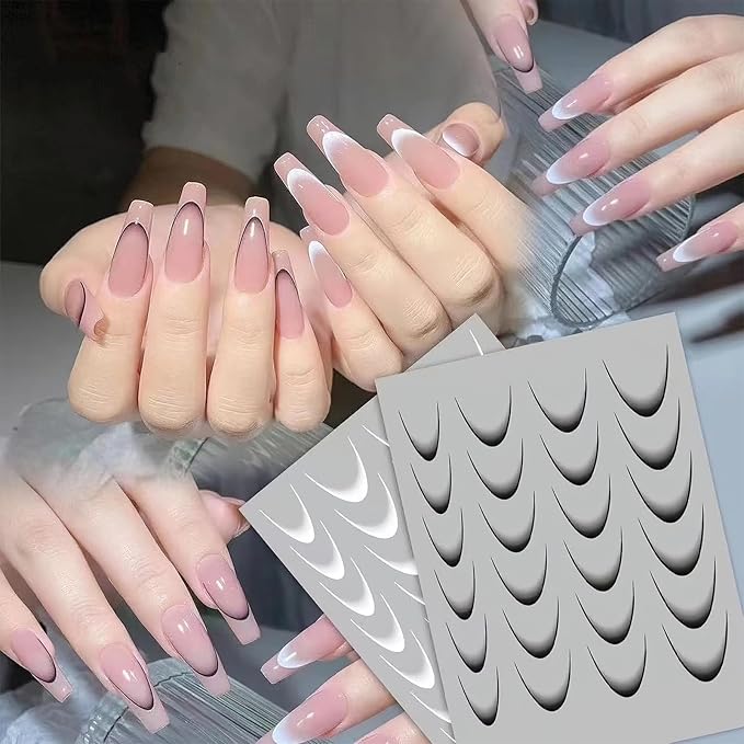 3D French Tip Nail Stickers Kit - Reusable Self-Adhesive Nail Art Decals with Geometric Patterns, DIY Manicure Designs for Women, 10 Sheets Easy Apply Salon-Quality