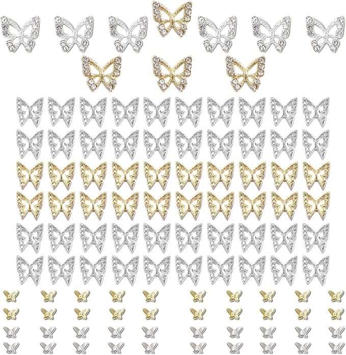 Butterfly Nail Charms, 110pcs 3D Golden Silver Butterfly Charms for Acrylic Nails, 10 Butterflies Nail Rhinestones Gems Charms +100 Alloy Studs, Nail Art Crystals Diamonds Decor Supplies for Nails DIY