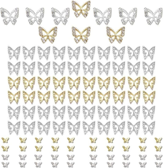 Butterfly Nail Charms, 110pcs 3D Golden Silver Butterfly Charms for Acrylic Nails, 10 Butterflies Nail Rhinestones Gems Charms +100 Alloy Studs, Nail Art Crystals Diamonds Decor Supplies for Nails DIY